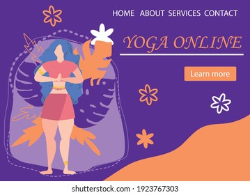Website banner design for Yoga studio promotion with Learn more button. Yogi woman meditating in the Lotus pose. Cute flat female character and decorative plants, bright leaves and doodle flowers.