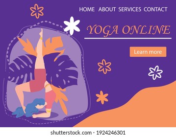 Website banner design for Yoga studio promotion with Learn more button. Yogi woman meditating in the Lotus pose. Cute flat female character and decorative plants, bright leaves and doodle flowers.