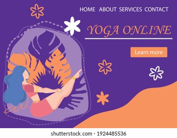 Website banner design for Yoga studio promotion with Learn more button. Yogi woman meditating in the Lotus pose. Cute flat female character and decorative plants, bright leaves and doodle flowers.