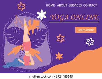 Website banner design for Yoga studio promotion with Learn more button. Yogi woman meditating in the Lotus pose. Cute flat female character and decorative plants, bright leaves and doodle flowers.