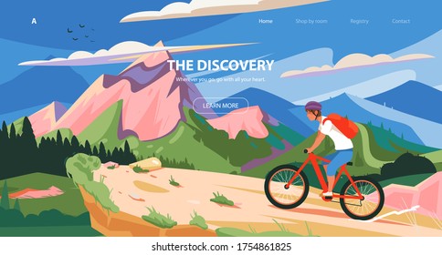 Website banner Discovery theme. Cycle sport banner, slider design. Adventure of a young man in the mountains, travel on bike. Mountain bike races. Vector illustration sport, exploration, tourism.