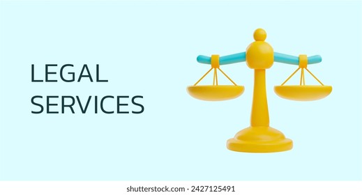 Website banner with empty yellow scales about legal services 3D style, vector illustration isolated on blue background. Decorative design with text, justice