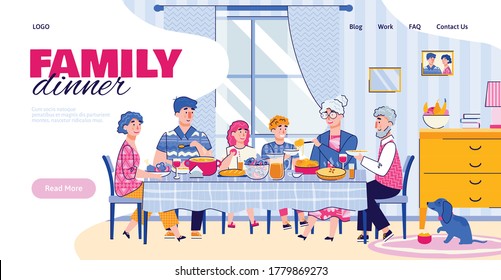 Website banner with family having a dinner together at big table, cartoon vector illustration on white background. Landing page with family celebration and festive meal.