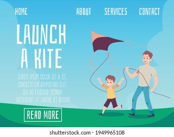 Website banner with father and son launching a kite, flat vector illustration.