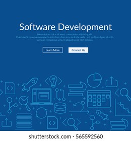 Website Banner And Flyer Template On Dark Blue Background With Agile Software Development Line Icons Such As: Scrum Task Board, Release, Coding, GIT Branch, Testing, Laptop And Other Agile Icons