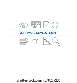 Website banner and flyer template on white background with grey agile software development line icons such as: scrum task board, coding, testing, task prioritize, agile process and other agile icons