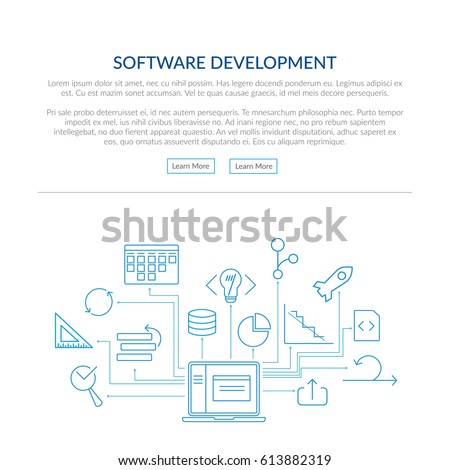 Website banner and flyer template on white background with blue agile software development line icons such as: scrum task board, release, coding, GIT branch, testing, laptop and other agile icons