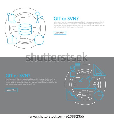 Website banner and flyer template on white background with blue agile software development line icons such as: GIT branch, repository, continuous integration, pull request and other agile icons
