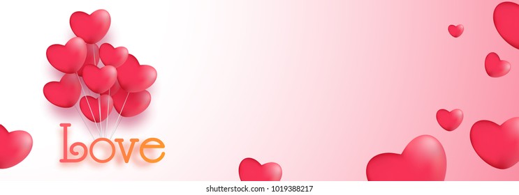 Website banner with flying balloons and text Love.
