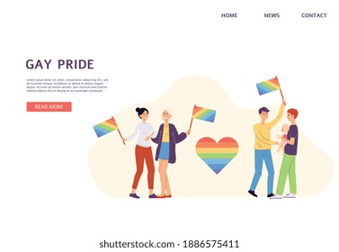 Website banner for gay pride parade with homosexual and lesbian couples, flat vector illustration. Landing page template for LGBT community events of solidarity.