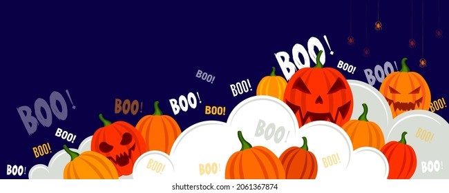 Website banner for Halloween. Blue background with pumpkins. Pumpkins with monster faces. Makt for entering your text