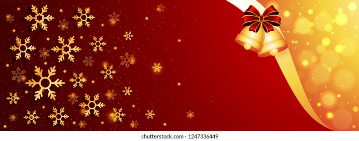 Website banner or header design decorated with golden jingle bell, snowflakes on glossy background for festival celebration concept.