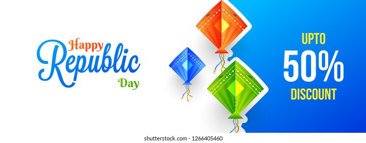 Website banner or header design with decorative colorful kites and 50% discount offer for Happy Republic Day sale.