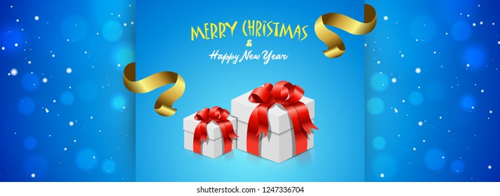 Website banner or header design with gift boxes on blue bokeh background for Merry Christmas and Happy New Year celebration.