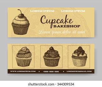 Website banner or header set. Cupcake bakeshop. Template for design. Vector illustration. Lemon cupcake, cherry cupcake, raspberry cupcake and chocolate cupcake