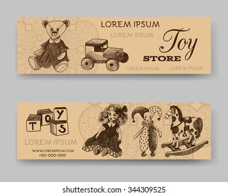 Website banner or header set. Toy store. Template for design. Vector illustration. Doll, cubes, jester, teddy bear, wooden car, rocking horse