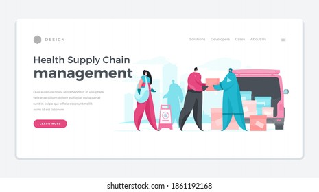 Website Banner For Health Supply Chain Management With People Delivering Necessary Products To People Suffering From Coronavirus Infection On White Background