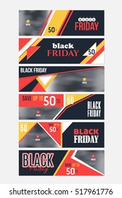 Website Banner, Horizontal Background, Flat Web Layout Ad Vector Cover Illustration. Black Friday Sale Concept Image Add Business Advertisement Banners Design Big Set with Creative Geometric Elements