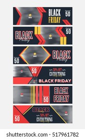 Website Banner, Horizontal Background, Flat Web Layout Ad Vector Cover Illustration. Black Friday Sale Concept Image Add Business Advertisement Banners Design Big Set with Creative Geometric Elements