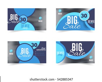 Website Banner, Horizontal Frames Web Layout Ad, Cover Illustration. Image Add Business Advertisement Design Collection with Vector Creative Geometric Elements. Blue Colors Flat Banners Set