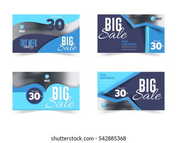 Website Banner, Horizontal Frames Web Layout Ad, Cover Illustration. Image Add Business Advertisement Design Collection with Vector Creative Geometric Elements. Blue Colors Flat Banners Set