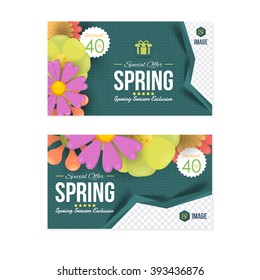 Website Banner, Horizontal Header Design, Spring Season Sale Discount. Colorful Flowers Illustration