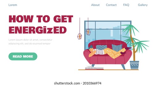 Website banner interface on topic of get energized and stay active, flat vector illustration. Webpage template with woman feeling tired and lack of energy.