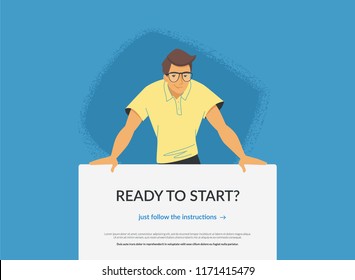 Website banner with invitation to web or mobile services. Flat vector illustration of a friendly man standing behind the banner and suggesting elearning classes, subscription for news or promo offers