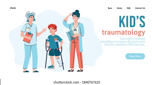 Website banner for kids traumatology clinic with little child on crutches, flat cartoon vector illustration. Children traumas and fractures treatment hospital.