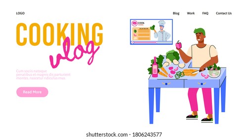 Website banner or landing page with man preparing a dish and watching restaurant chef blogger broadcast, cartoon vector illustration. Video blog streaming concept.