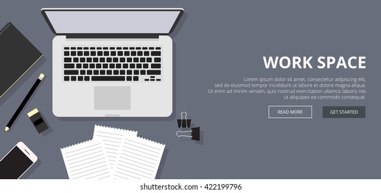 Website banner, laptop with other objects at free space, top view