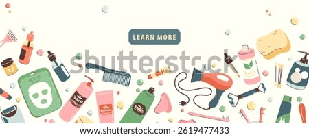 Website banner for learn more page with illustration of objects and cosmetics for the bathroom. Daily self care accessories and hygiene with massage, spa products. Horizontal background