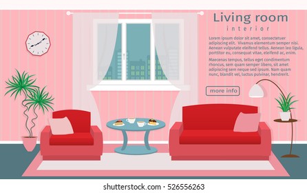 Website banner of living room interior. Vector illustration in flat style for your web design.