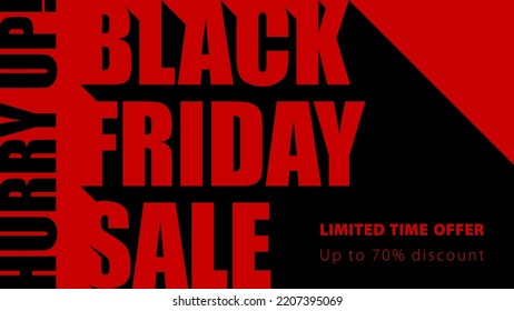 Website banner long shadow design for Black Friday Sale. Monochrome minimalistic flyer template, promotional banner in black and red color. Hurry up. limited time offer, 70 percent discount