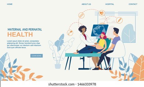 Website Banner Maternal and Perinatal Health. Family, Includes Husband, Pregnant Wife, Shown Consultation with Doctor. Ultrasound Procedure. Doctor Show Fetus on Monitor, Explains Development Embryo.