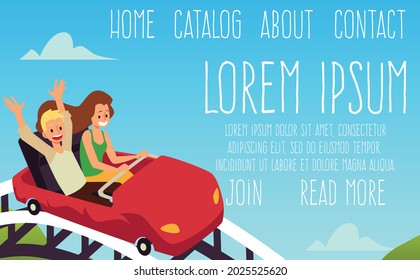 Website banner mockup with couple riding roller coaster in amusement park, flat vector illustration. Webpage for amusement park entertainment and rides.