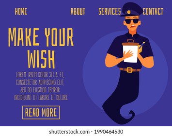 Website banner mockup with friendly smiling professional genie policeman, flat vector illustration. Landing page template for road patrol or police civil services.