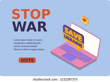 Banner del sitio web. Portátil de recogida masiva y ayuda de notificación (guardar) a Ucrania. Donen Ucrania. Cada voto importa. Ilustración vectorial isométrica 3d. Colores planos populares.