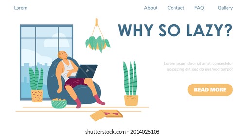 Website banner mockup with lazy man napping in chair, flat vector illustration. Health problems causing laziness and sloth, lack of energy concept for web.