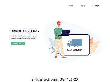 Website banner mockup for parcel tracking services with cartoon man tracking his mail shipment via electronic devices, flat vector illustration on white background.