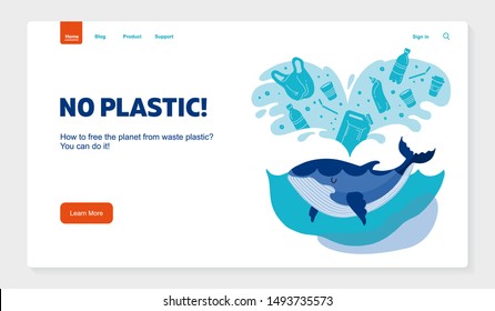 Website banner No plastic! Vector flat illustration for World Environment Day. A whale swims in sea with garbage - in water are plastic bag, glass, straw, bottle, canisters.Template Harm to nature.