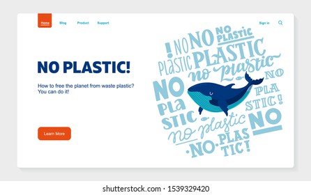 Website banner No plastic! Vector flat illustration for World Environment Day. A whale swims in sea. Template design Harm to nature. Hand written lettering