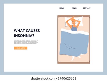 Website banner on prevent insomnia and lack of sleep, flat vector illustration.