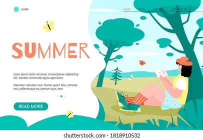 Website banner on summer recreation them with woman enjoying summer day on nature, cartoon vector illustration. Rest in park or forest camping concept.