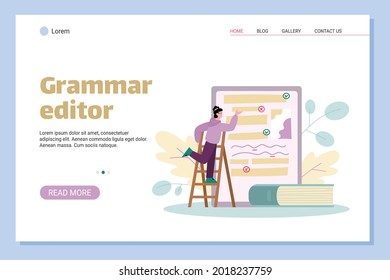 Website banner for online grammar editor services, flat cartoon vector illustration. Text check on grammar and document proofreading concept of web page.