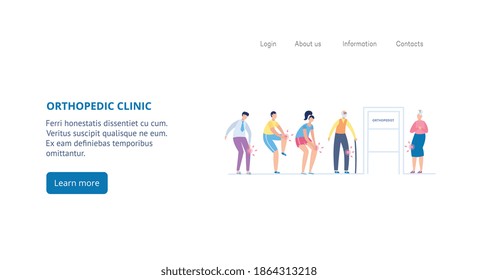 Website banner of orthopedic clinic with cartoon characters of patients waiting in queue to doctor, flat vector illustration. Orthopedic medicine branch.