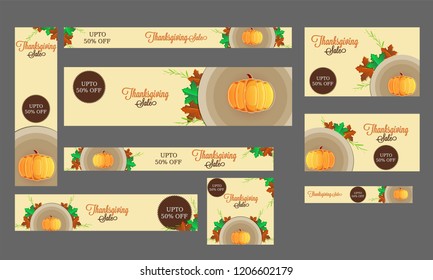 Website banner and poster collection, 50% discount offer with pumpkin and maple leaves decorated for Thanksgiving festival celebration.