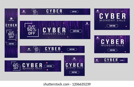 Website banner or poster collection flat 50% discount offer for Cyber Monday Sale.