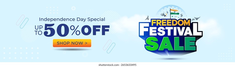 Website banner poster for india independence day freedom festival sale. 50% off, offer, deal and discount 3d logo with tricolor background.