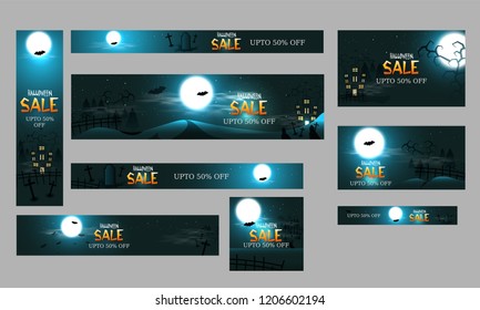 Website banner, poster and template set, upto 50% discount offer with haunted house on full moon night background for Happy Halloween party celebration.
